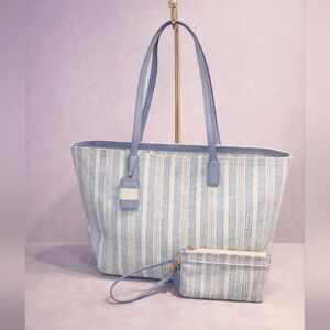 Coach Blue & Ivory Striped Canvas Tote + Matching Wristlet Set